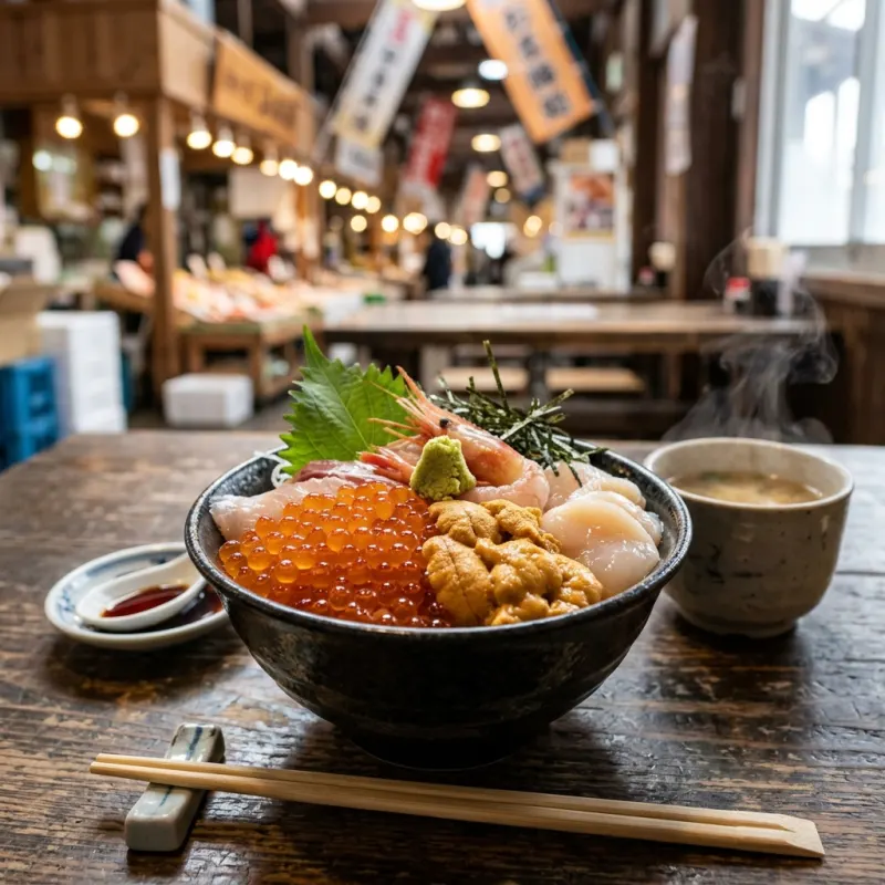 Authentic Otaru Kaisendon seafood rice bowl topped with fresh uni, ikura, and scallops