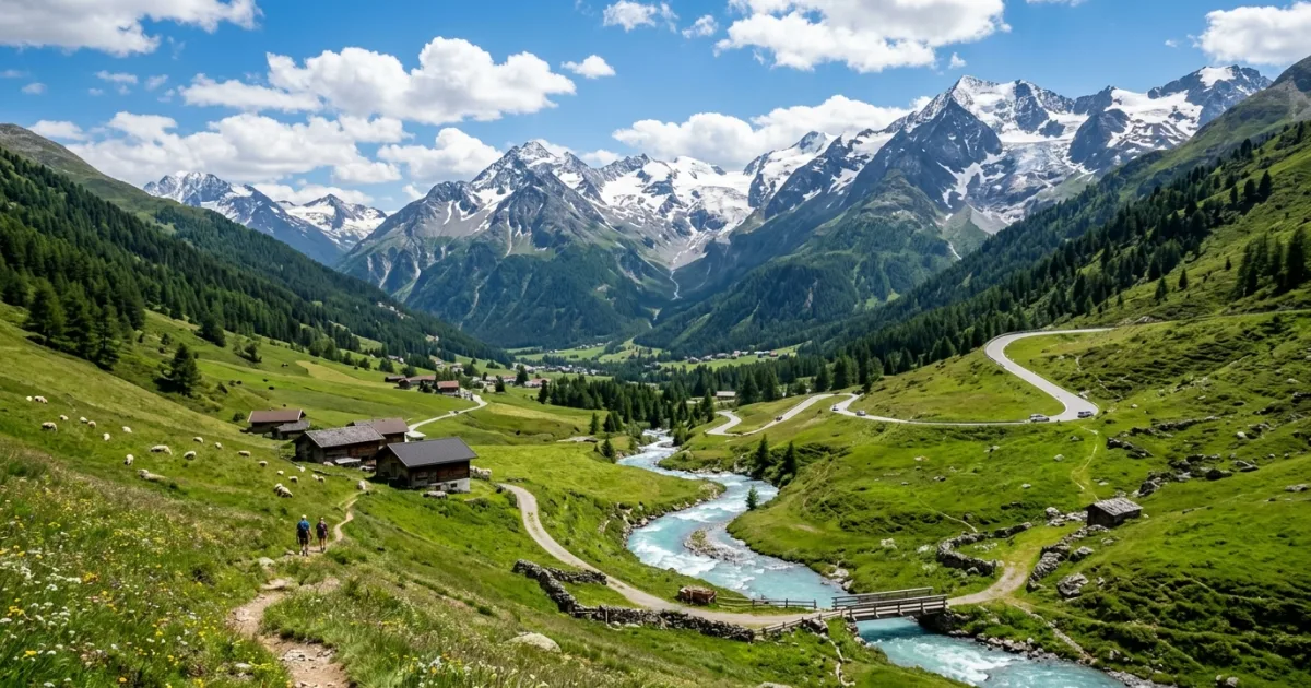 Panoramic landscape of the alpine peaks and green meadows in the Ötztal valley in Tyrol, Austria
