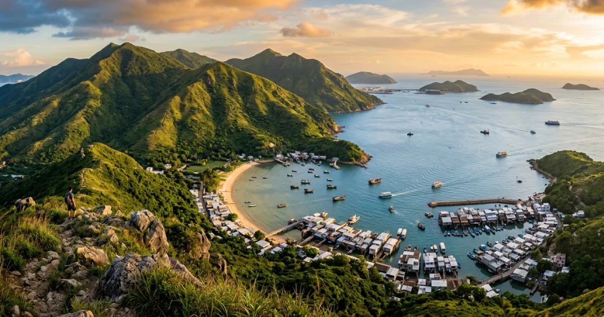 Panoramic view of Hong Kong Outlying Islands coastal mountains and harbor at sunset