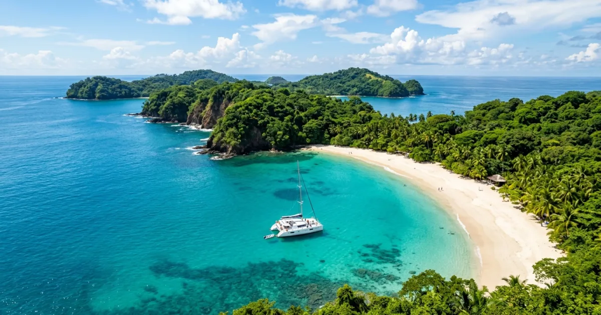 Aerial view of white sand beach and turquoise water in the Pearl Islands Panama