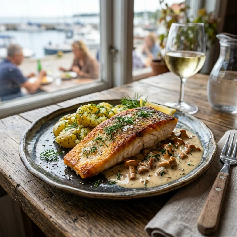 Golden pan-fried pikeperch with dill potatoes and mushroom sauce on a rustic ceramic plate