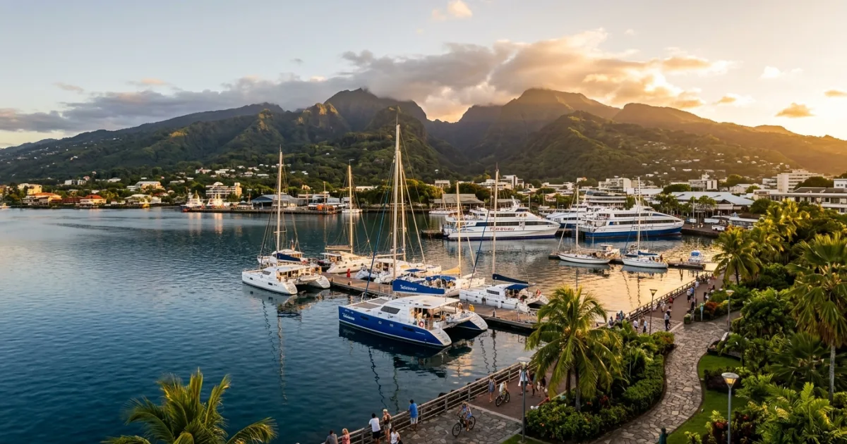 Panoramic view of Papeete harbor with boats and lush mountains in the background
