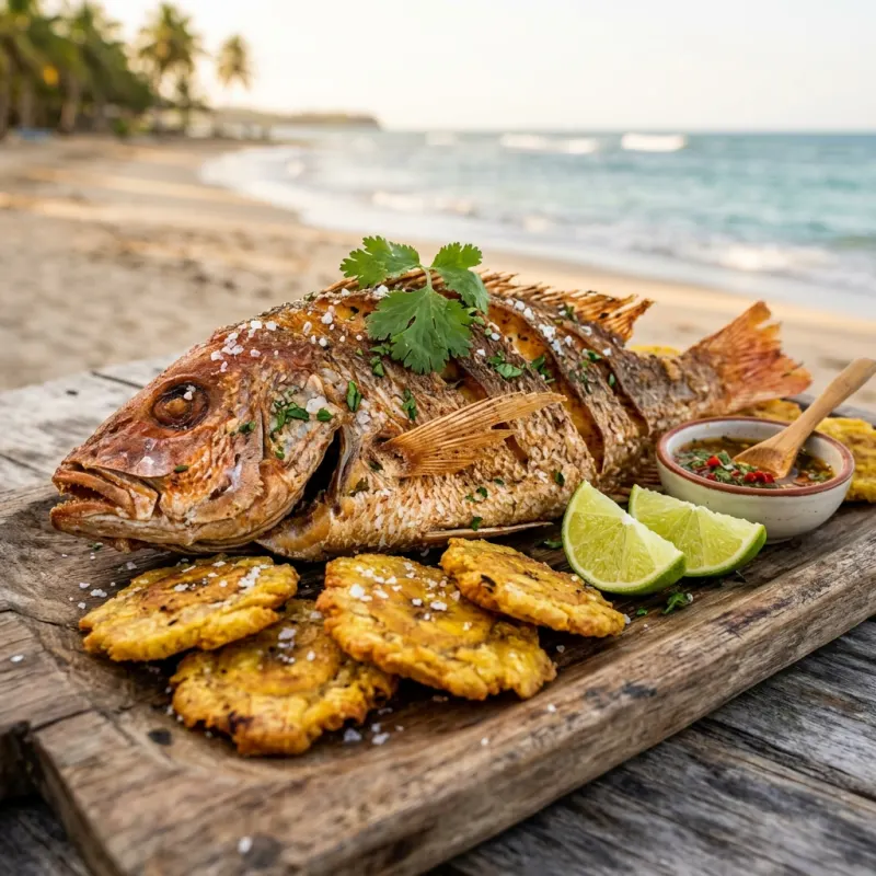 Whole fried red snapper served with twice-fried plantains and lime