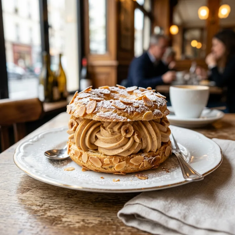 Paris-Brest choux pastry filled with praline cream and topped with toasted almonds