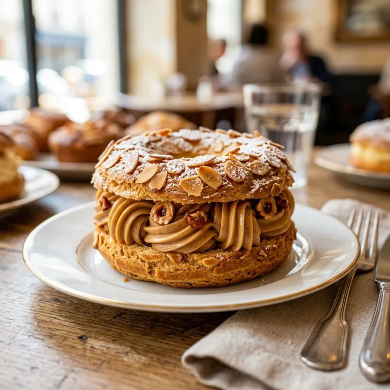 Artisanal French Paris-Brest pastry filled with praline cream and dusted with powdered sugar