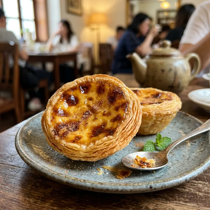 Golden Macanese egg tarts with caramelized tops on a ceramic plate