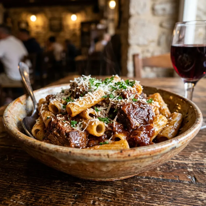Authentic Corfiot Pastitsada beef pasta dish in a ceramic bowl