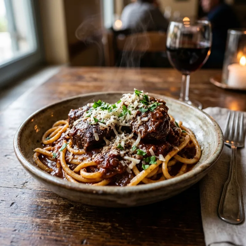 Authentic Corfiot Pastitsada with braised beef and bucatini pasta