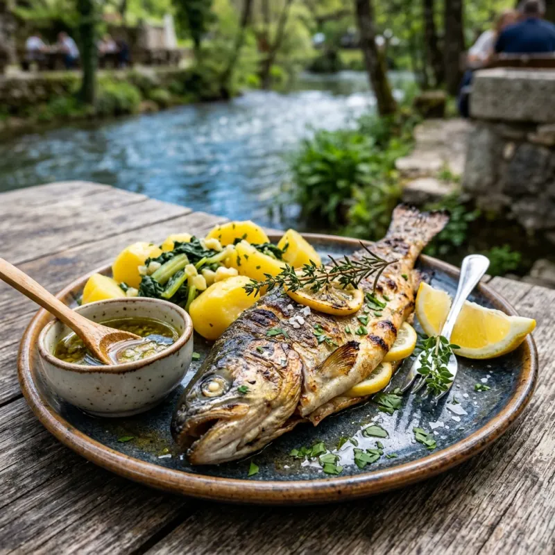 Freshly grilled Drina river trout with lemon and Swiss chard potatoes on a rustic table