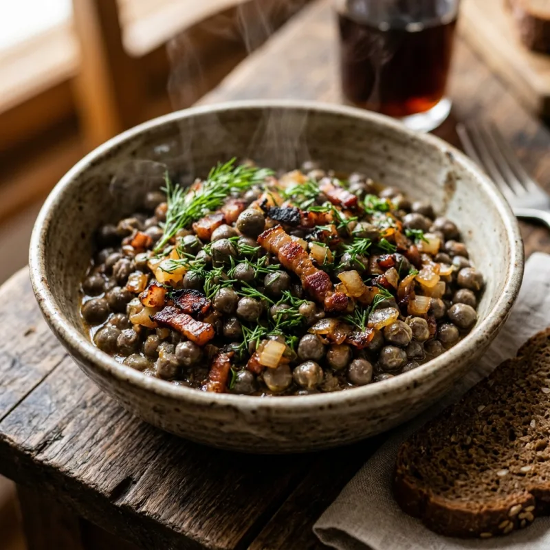 Latvian grey peas with fried bacon and onions in a ceramic bowl