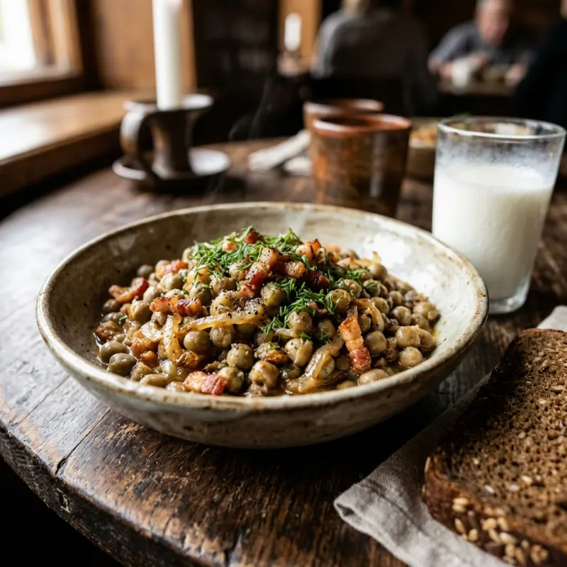 Latvian grey peas cooked with smoked bacon bits and onions in a rustic clay bowl