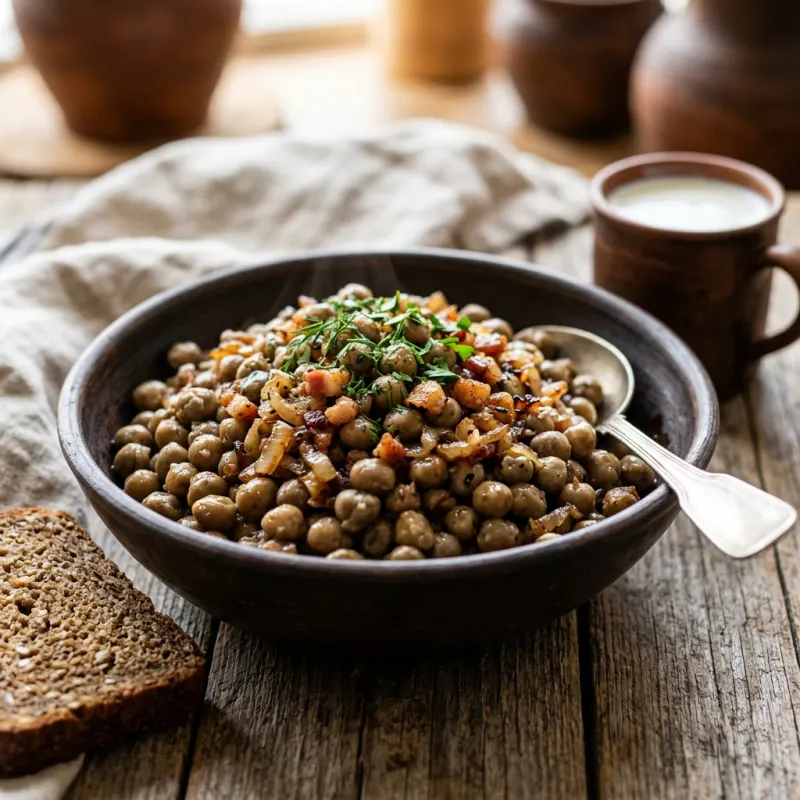 Latvian grey peas stewed with smoked bacon and onions in a rustic ceramic bowl