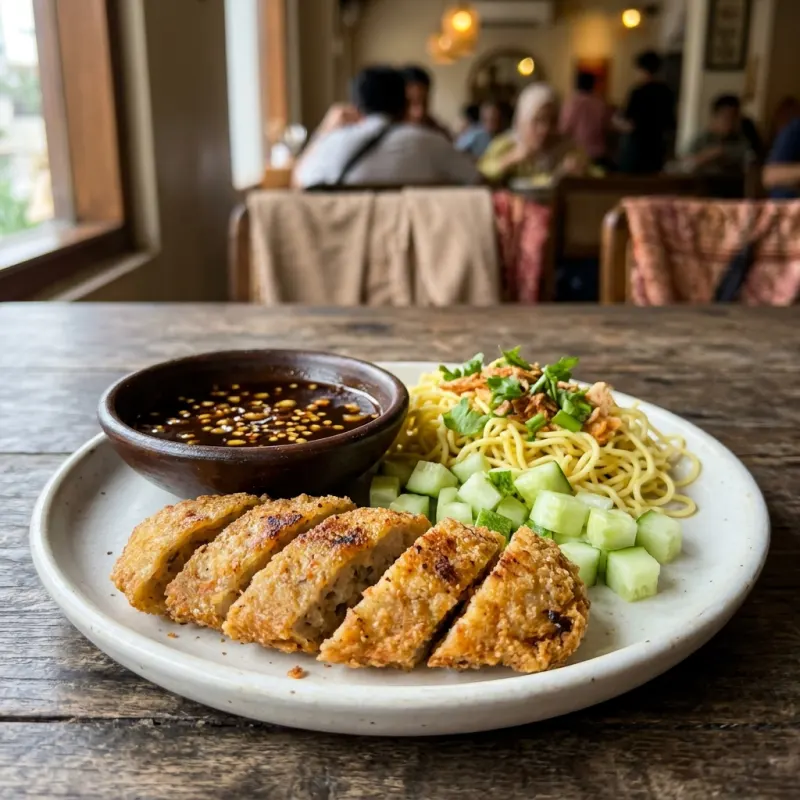 Authentic Pempek Palembang fish cake served with dark cuko sauce