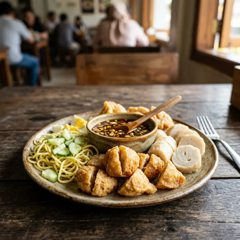 Authentic Pempek Palembang fish cake served with dark cuko sauce