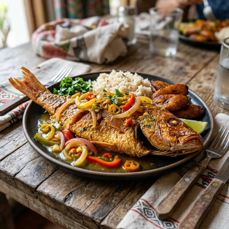 Afro-Panamanian escabeche fish with coconut rice and pickled onions