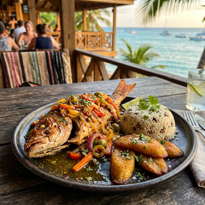 Panamanian fried fish with escabeche sauce and coconut rice