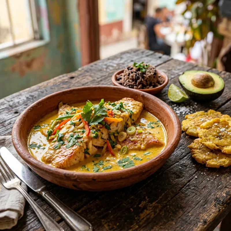 Authentic Baracoan fish fillet stewed in savory coconut sauce served with rice and tostones