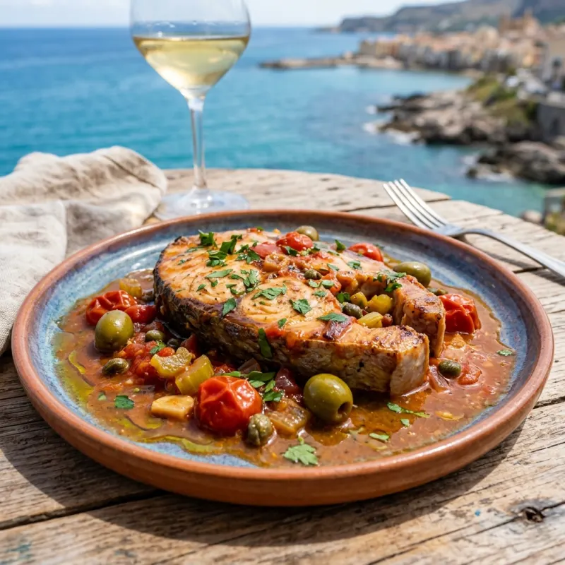 Authentic Calabrian Pesce Spada alla Ghiotta swordfish stew with olives and capers