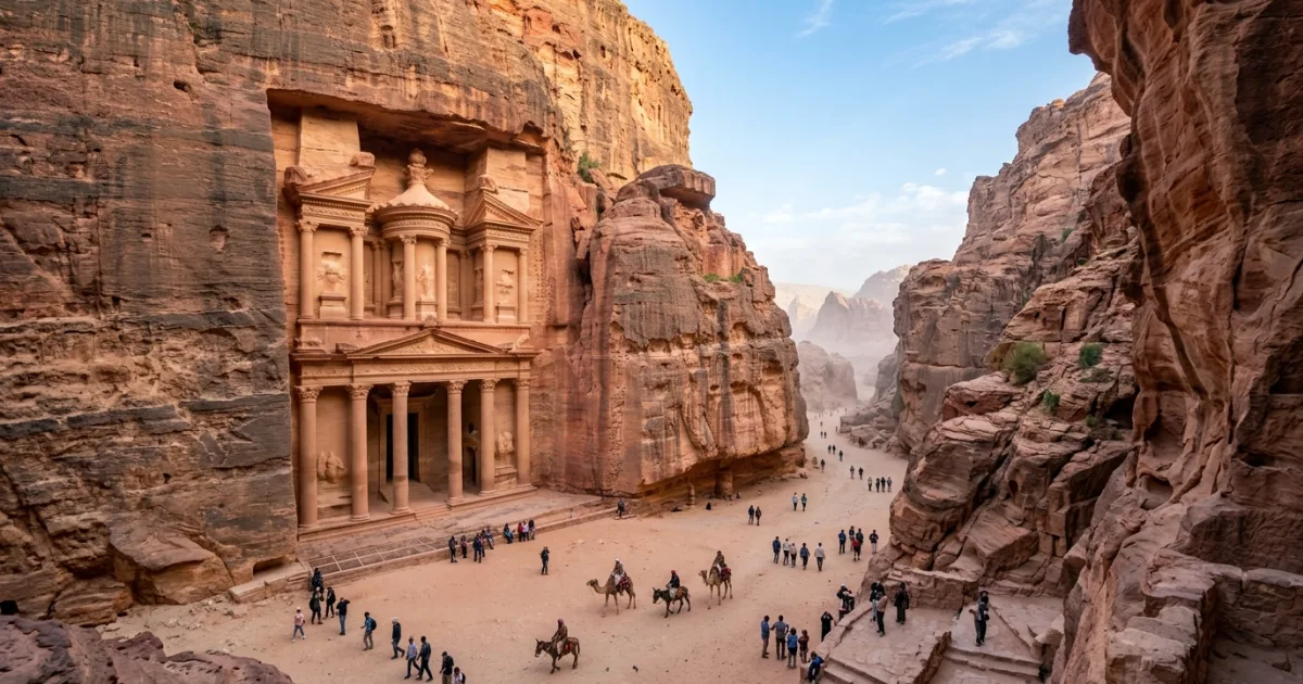 The Treasury Al-Khazneh carved into red sandstone cliffs in Petra Jordan