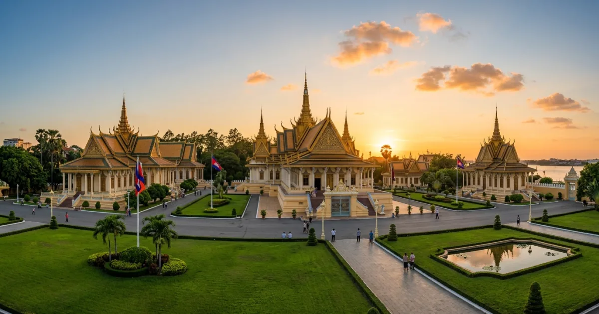 Phnom Penh Royal Palace glowing in the late afternoon sun