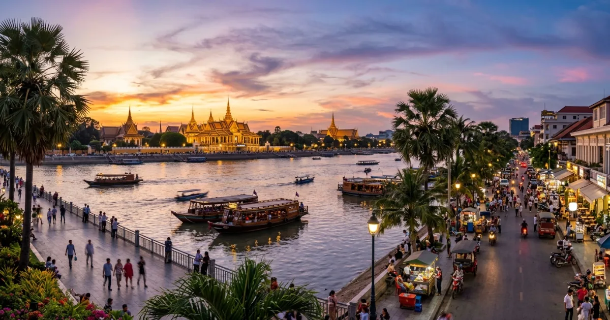 Phnom Penh riverside waterfront and Royal Palace at sunset