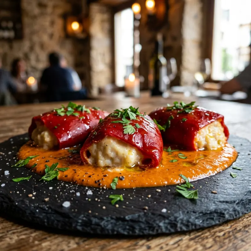 Pimientos del Piquillo stuffed with salt cod on a restaurant plate in Pamplona