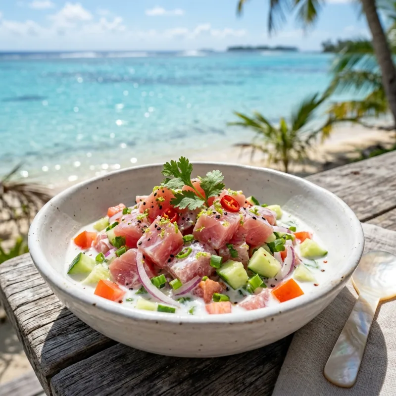 Authentic Polynesian Poisson Cru raw tuna with coconut milk