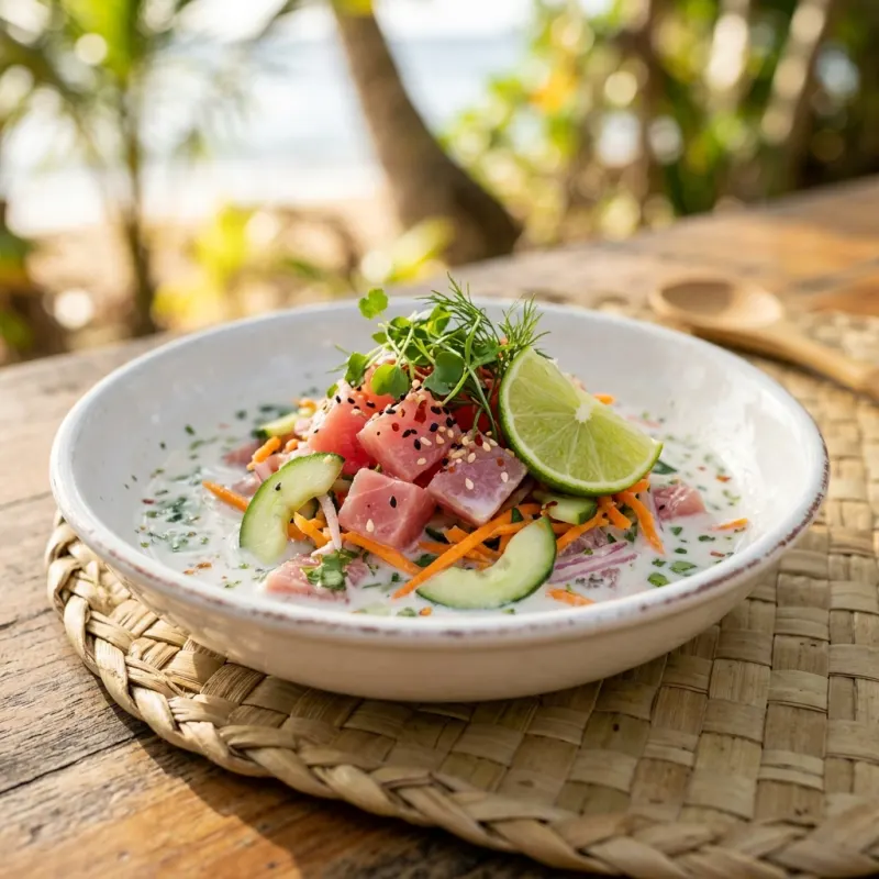 Authentic Polynesian Poisson Cru raw tuna with coconut milk