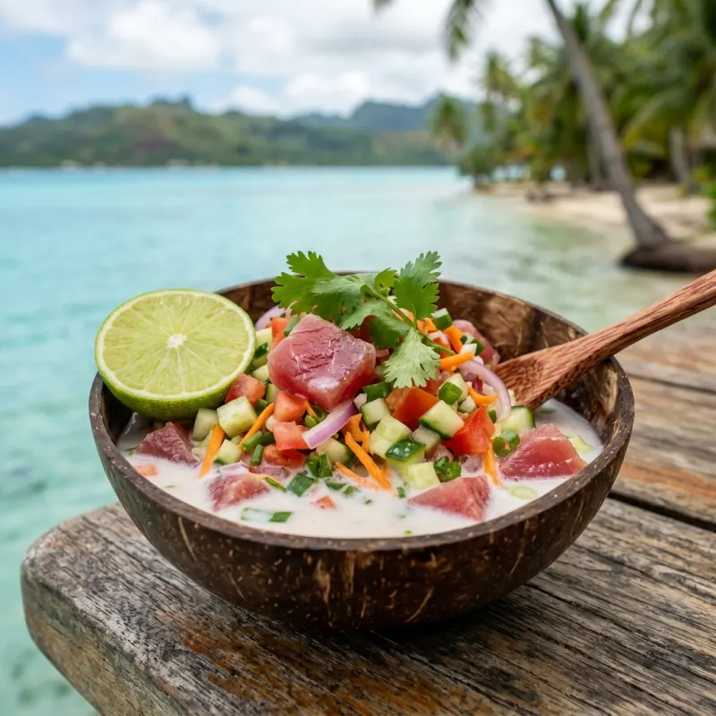 Poisson Cru au Lait de Coco raw tuna salad served in a fresh coconut shell