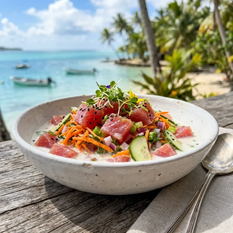 Poisson Cru with raw tuna and coconut milk in Vaitape Bora Bora