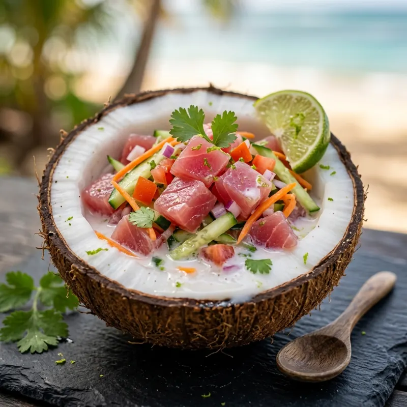 Poisson Cru raw tuna marinated with lime and coconut milk in a coconut bowl