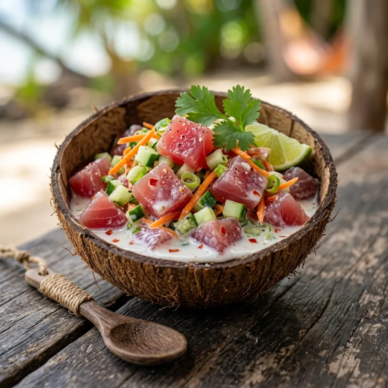 Poisson Cru raw tuna marinated with lime and coconut milk served in a coconut shell