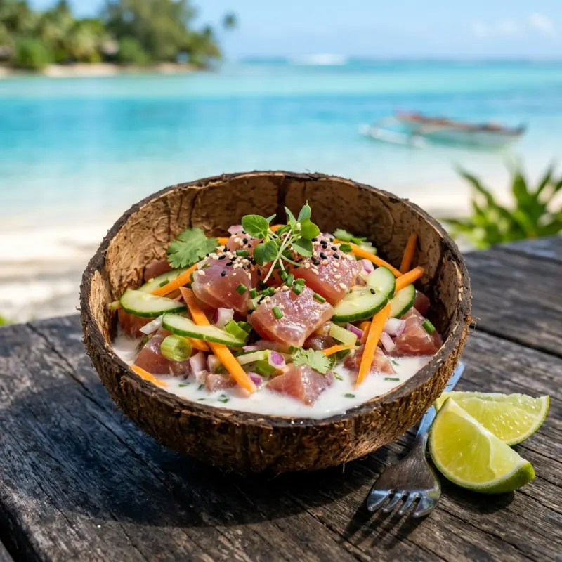 Authentic Tahitian Poisson Cru raw tuna with coconut milk served in a fresh coconut shell