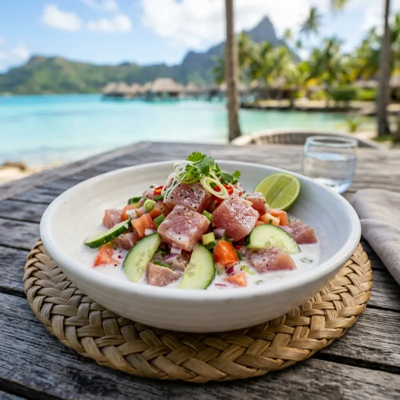 Authentic Tahitian Poisson Cru with fresh tuna and coconut milk
