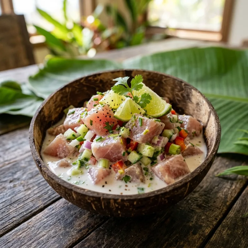 Poisson Cru a la Marquisienne served in a coconut shell bowl