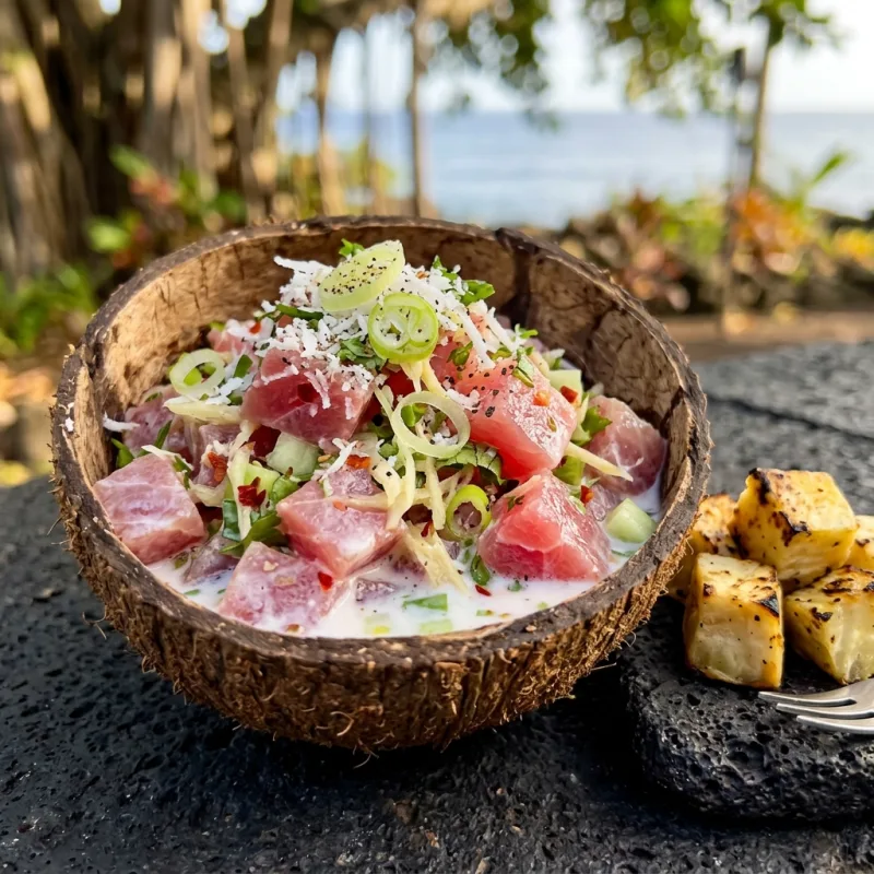 Authentic Marquesan poisson cru with raw yellowfin tuna and coconut milk served in a coconut shell