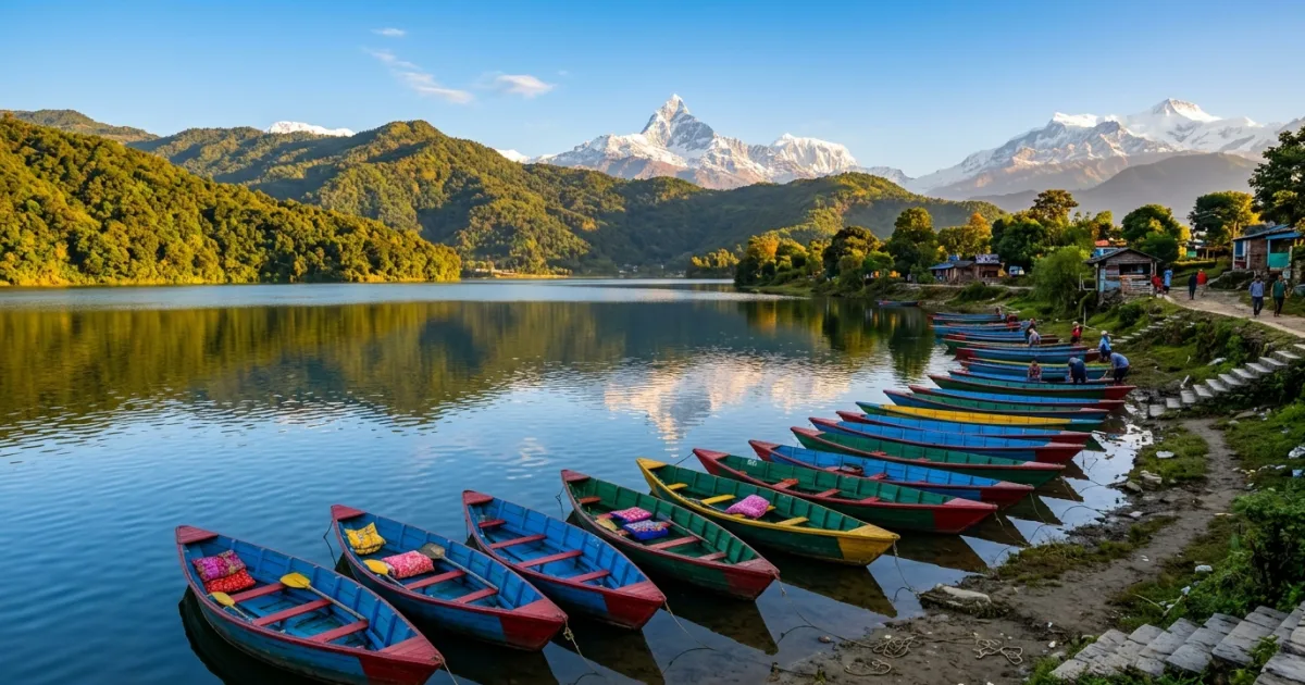 Colorful wooden rowboats floating on Phewa Lake with Mount Machapuchare in Pokhara Nepal
