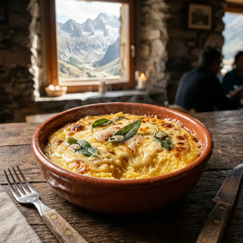 Steaming bowl of traditional mountain Polenta Concia with melted local Toma cheese