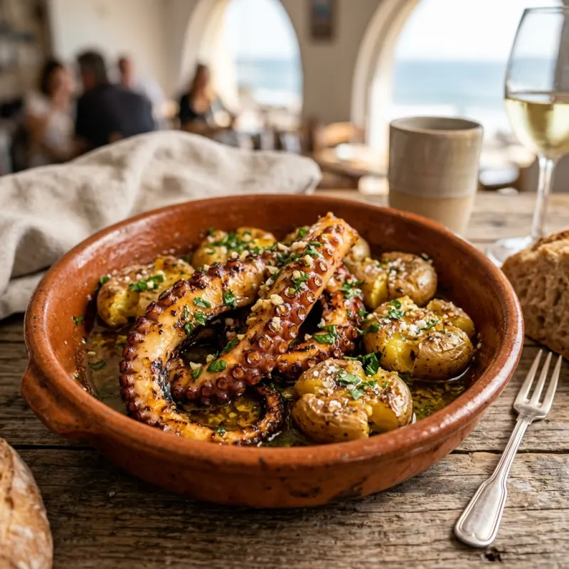 Authentic Portuguese Polvo a Lagareiro roasted octopus with garlic and potatoes