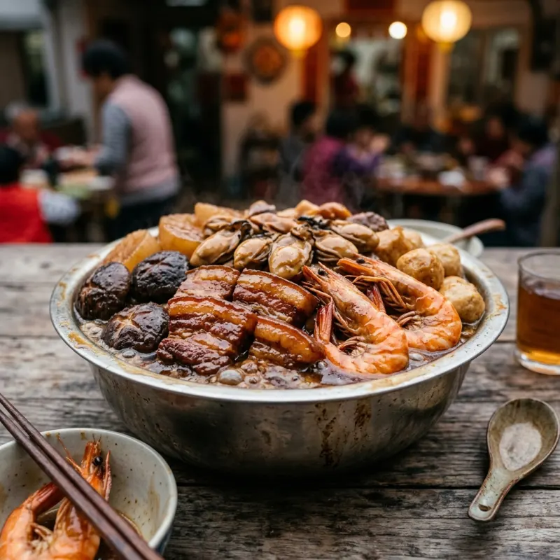 Traditional Hong Kong Poon Choi basin feast filled with pork, seafood, and vegetables