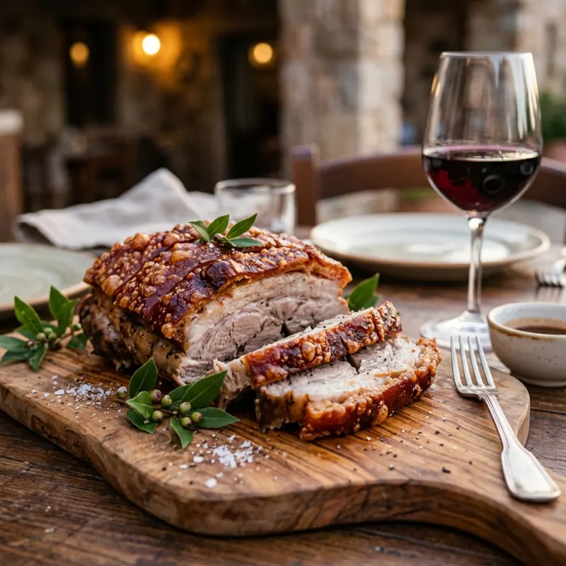 Authentic Sardinian Porceddu roast suckling pig served on a wooden board with myrtle sprigs