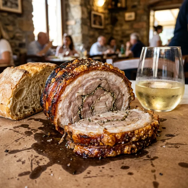 Freshly carved authentic Porchetta di Ariccia with herbs and crispy skin on a rustic wooden board