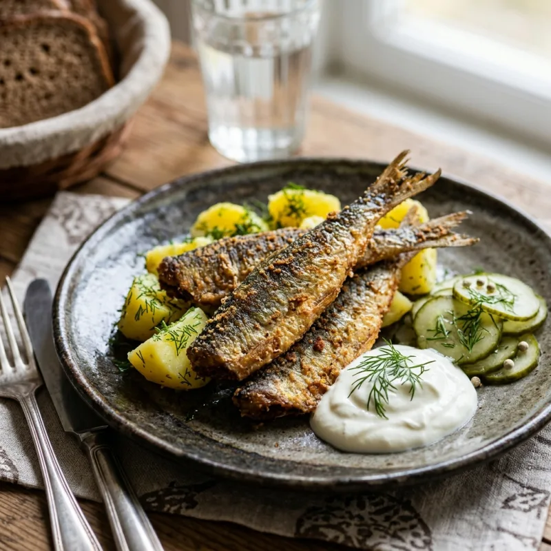Golden pan-fried Baltic herring with dill potatoes and sour cream