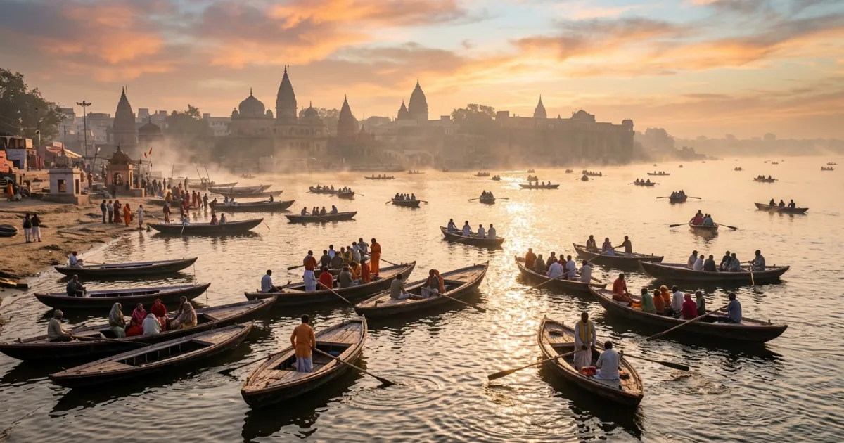 Wooden boats at the Triveni Sangam river confluence in Prayagraj at sunrise