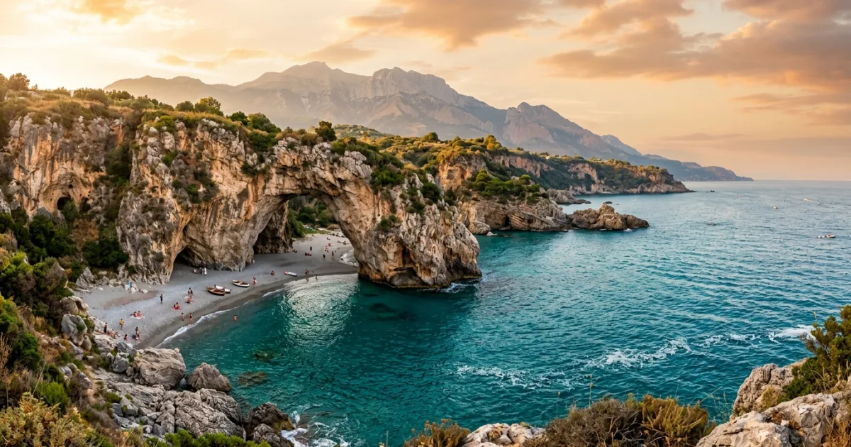 Panoramic view of Arco Magno and the turquoise Tyrrhenian coast in the Province of Cosenza