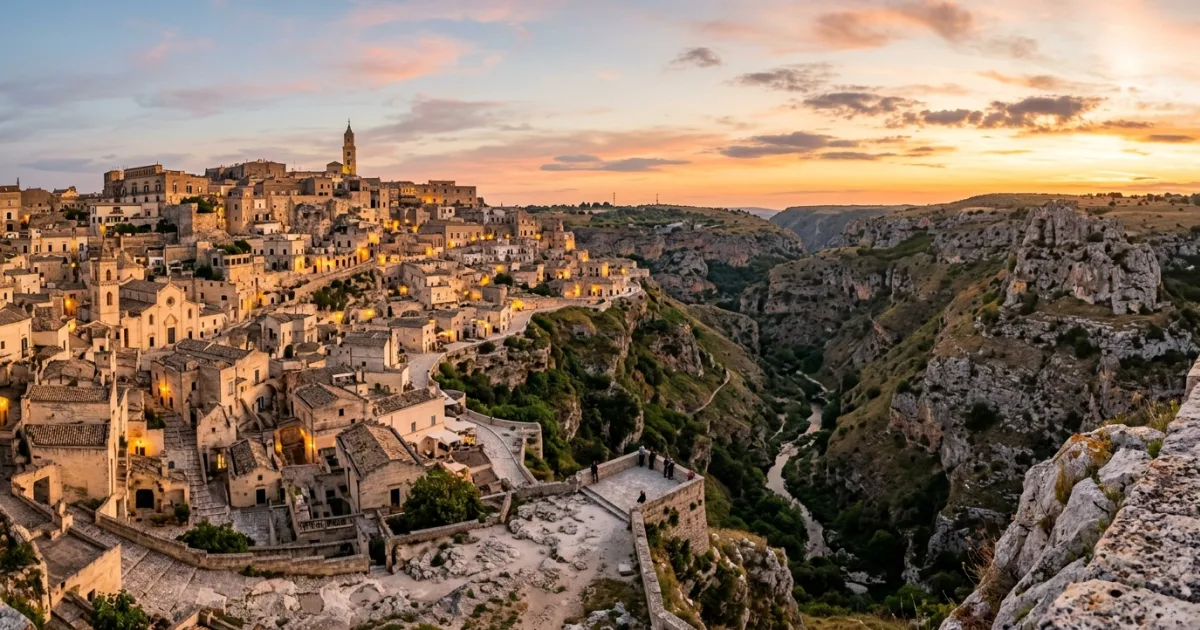 Panoramic golden hour view of the historic Sassi di Matera cave dwellings and canyon in Italy