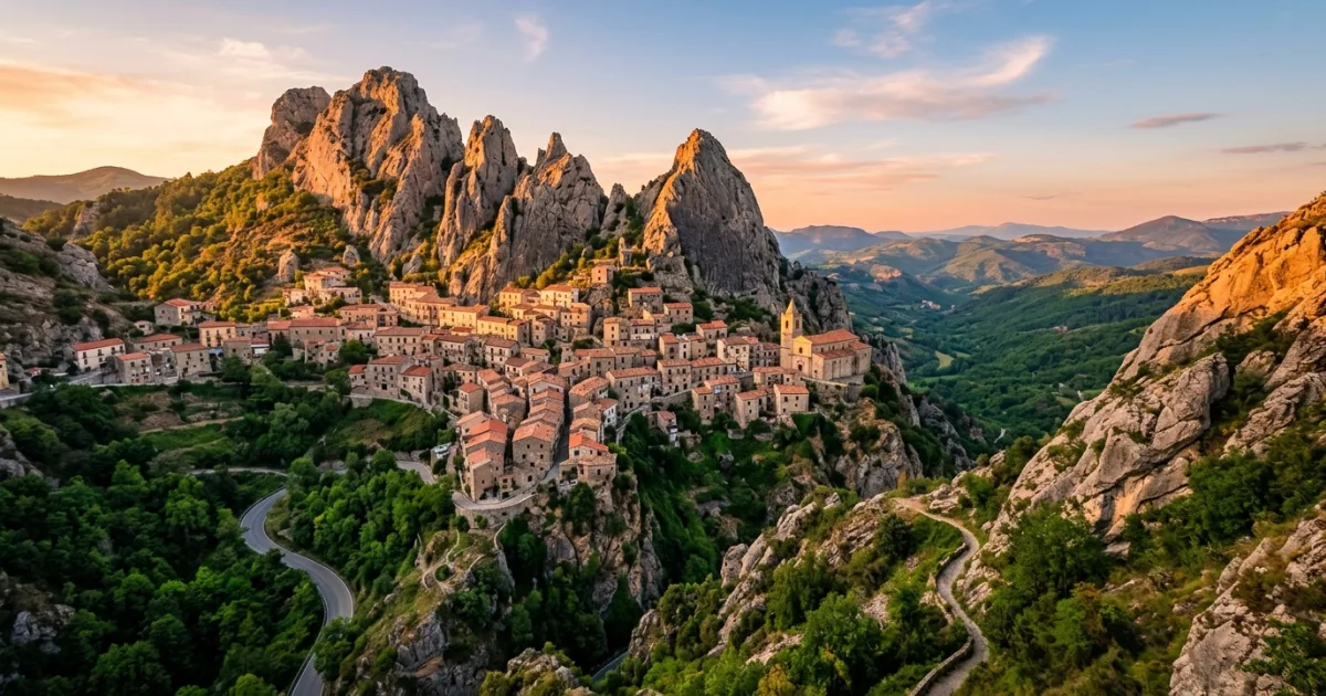 Panoramic view of Castelmezzano village nestled in the Lucanian Dolomites of Potenza province
