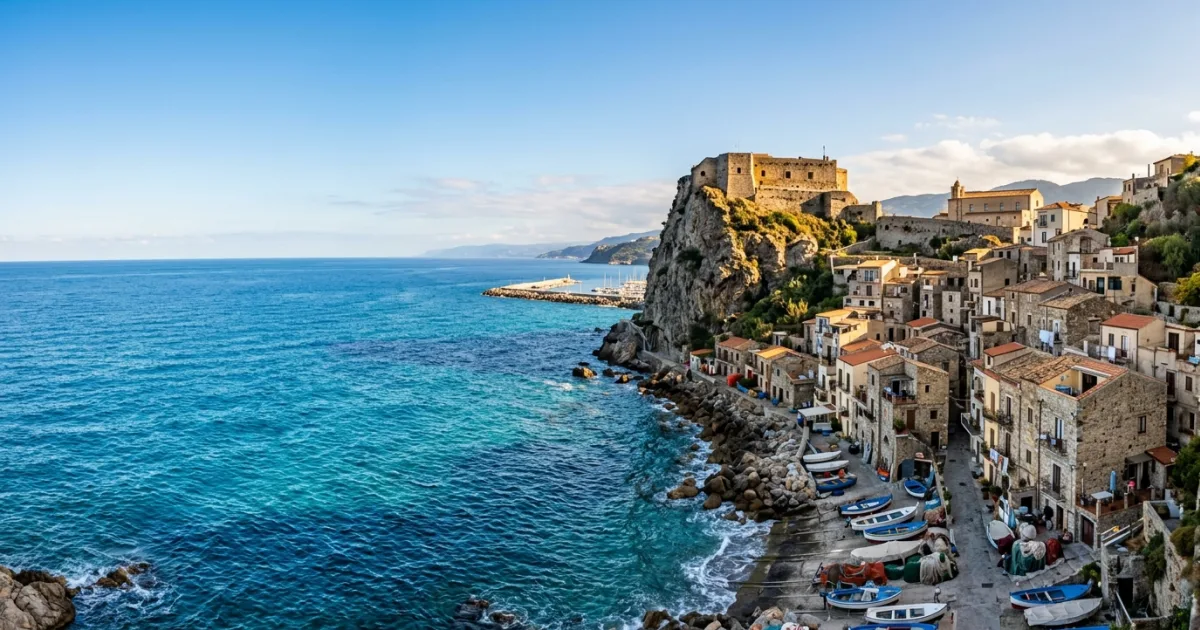 Panoramic coastal view of Scilla and Ruffo Castle in the Province of Reggio Calabria
