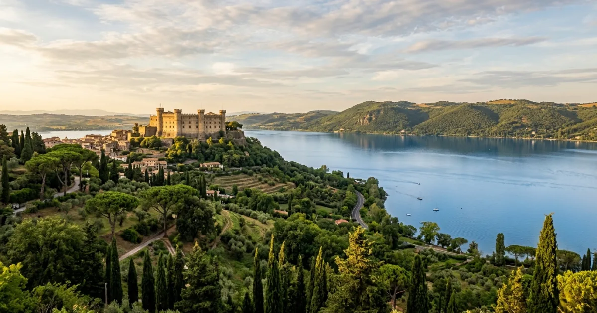 Panoramic scenic view of Lake Bracciano with the historic medieval castle in the Province of Rome