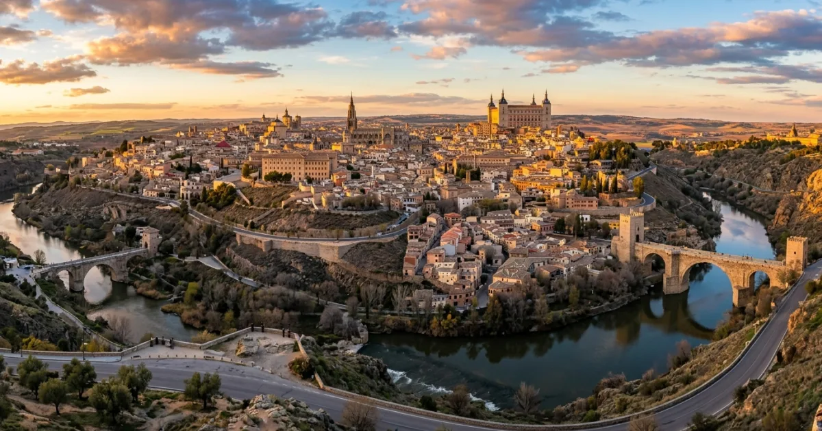 Panoramic view of the historic city of Toledo perched above the Tagus River in Castilla-La Mancha